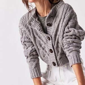 Free People Bonfire Cable Knit Cardi in Stone (Grey) NWT